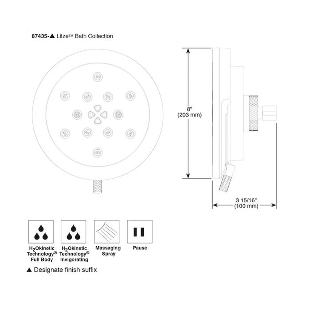 Cabeza De Ducha 4 Funciones Tecnog H2O Kineti 8" Oro Brillo Litze